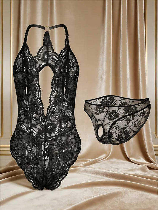 Sexy Transparent Lace Cutout Bodysuit Briefs Set