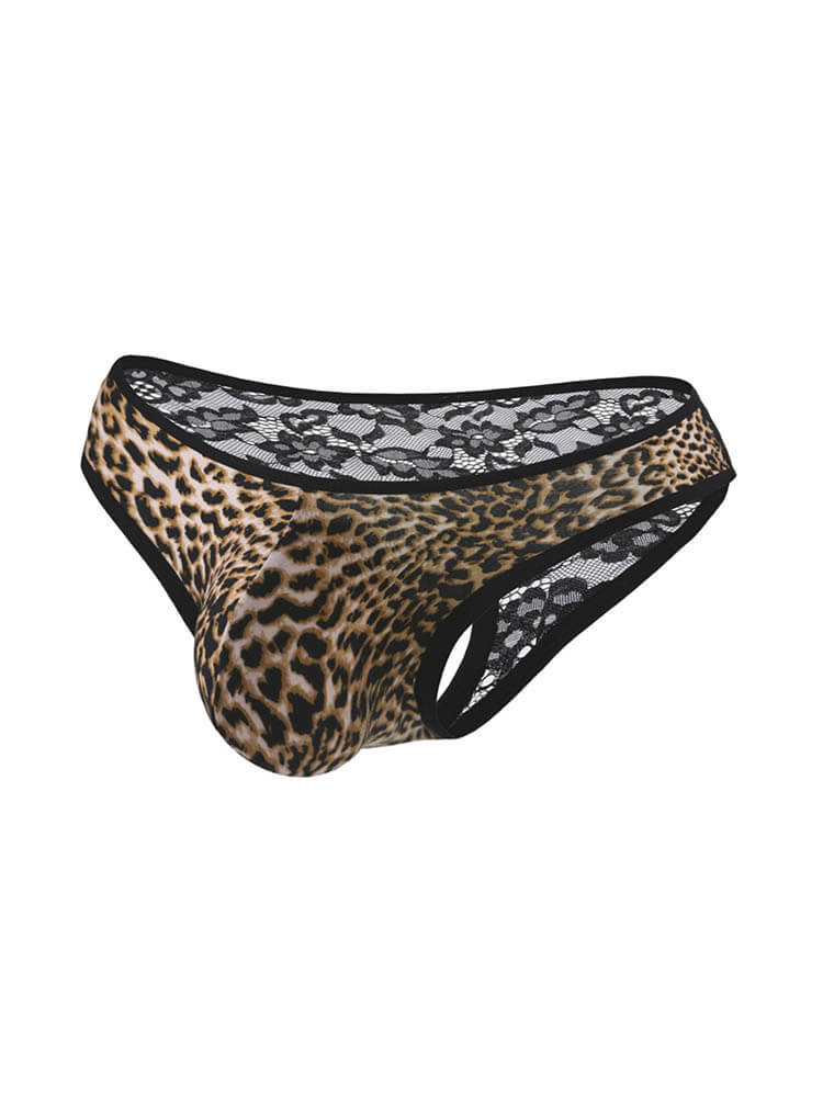 Men's Low Waist Lace Panel Leopard Print Briefs