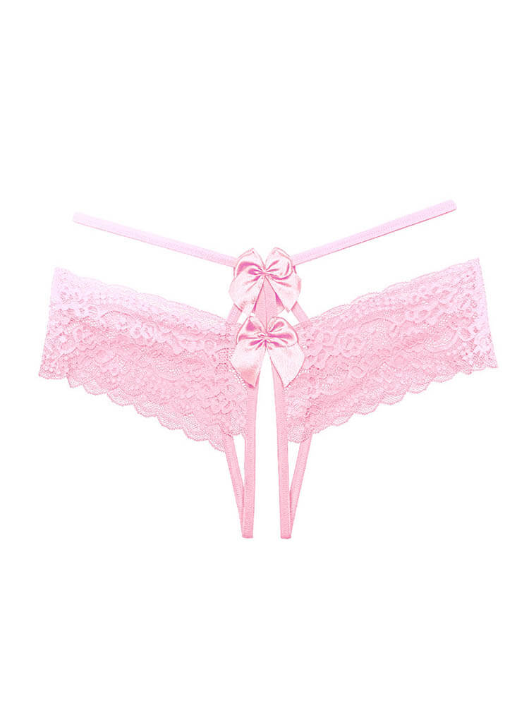 Sexy No-Remove Bow Lace Open Crotch Thong
