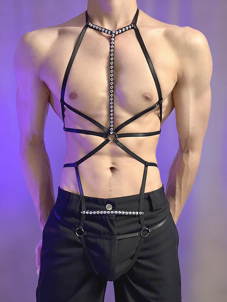 Men's Sexy Hollowed-Out Strappy Studded Bodysuit