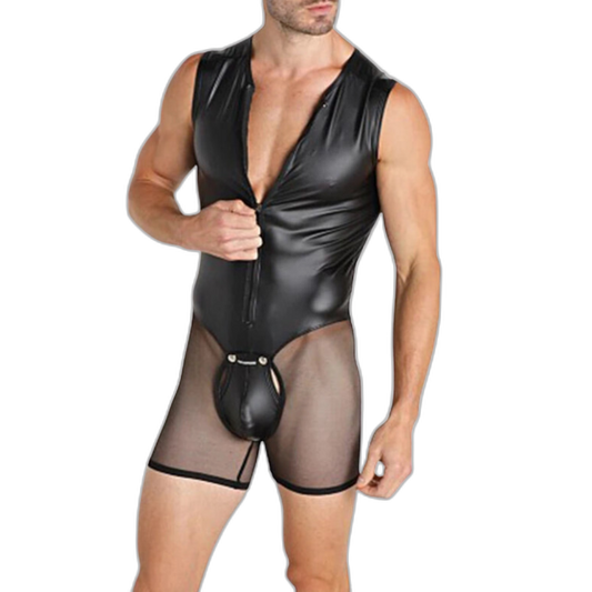 Tight PU Leather Mesh Bodysuit