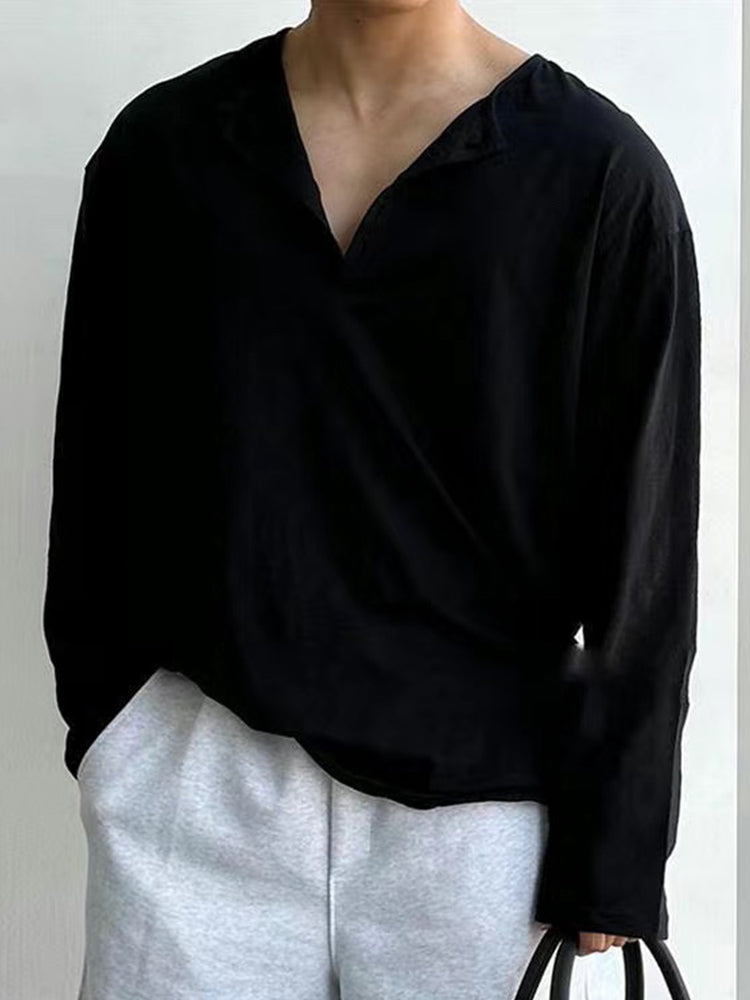 Men's Loose Henley Collar Long-sleeved T-shirt 
