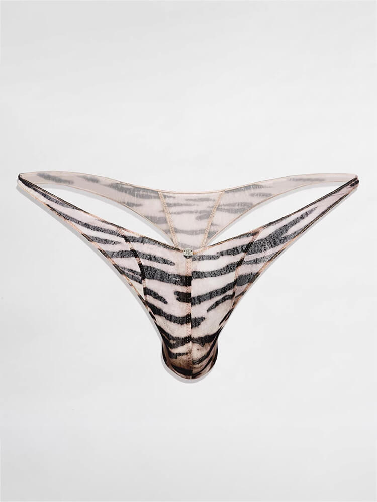 Men's Sexy Deep V White Tiger Print 3D Pouch Thong