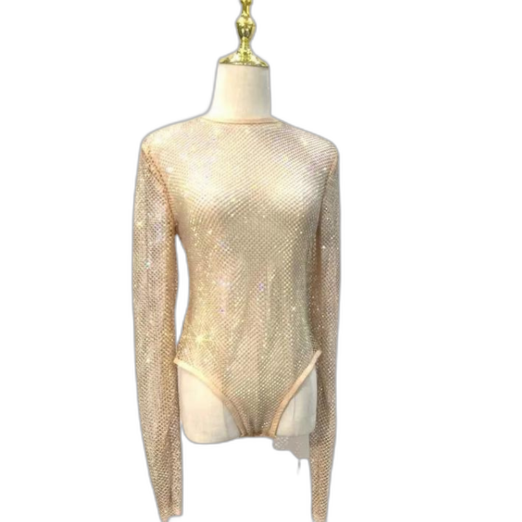 Women's Rhinestone Fishnet See-Through Sexy Bodysuit