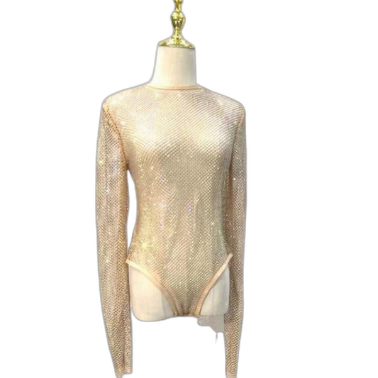 Women's Rhinestone Fishnet See-Through Sexy Bodysuit