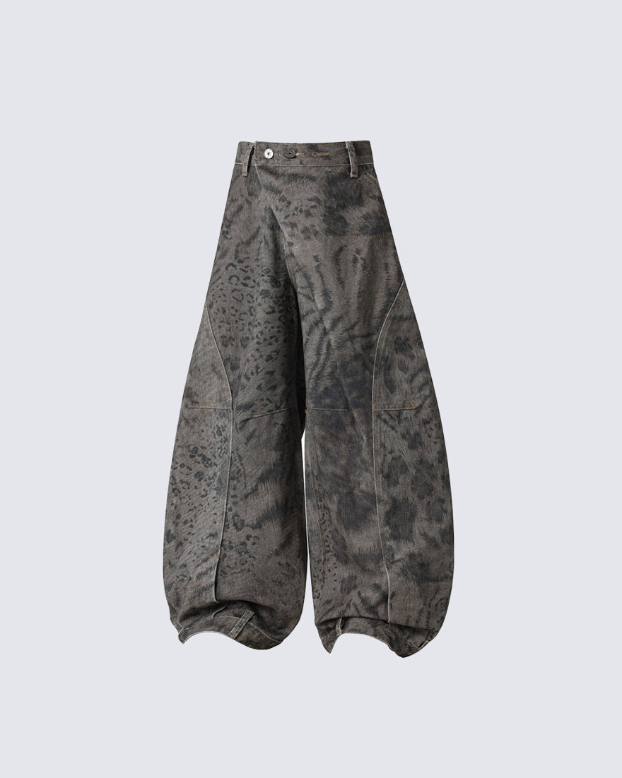 Leopard Double Animal-Texture Washed Wide-Leg Jeans