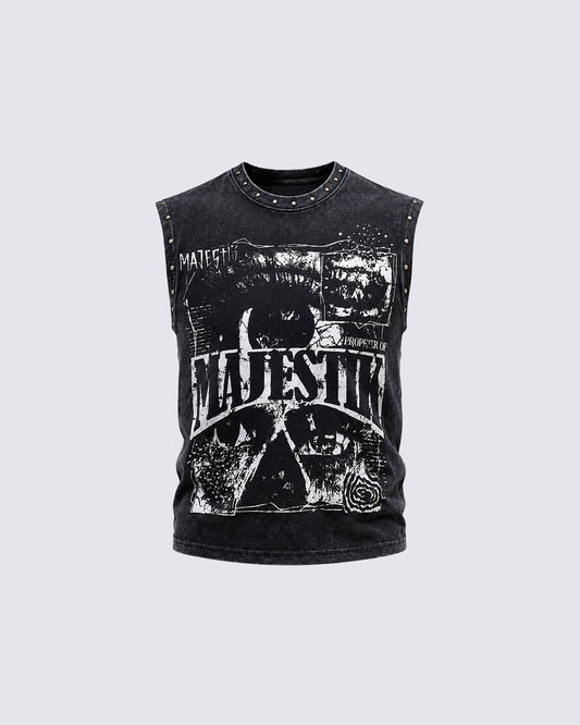Grunge Studded Washed New Graphic Sleeveless Tank Top