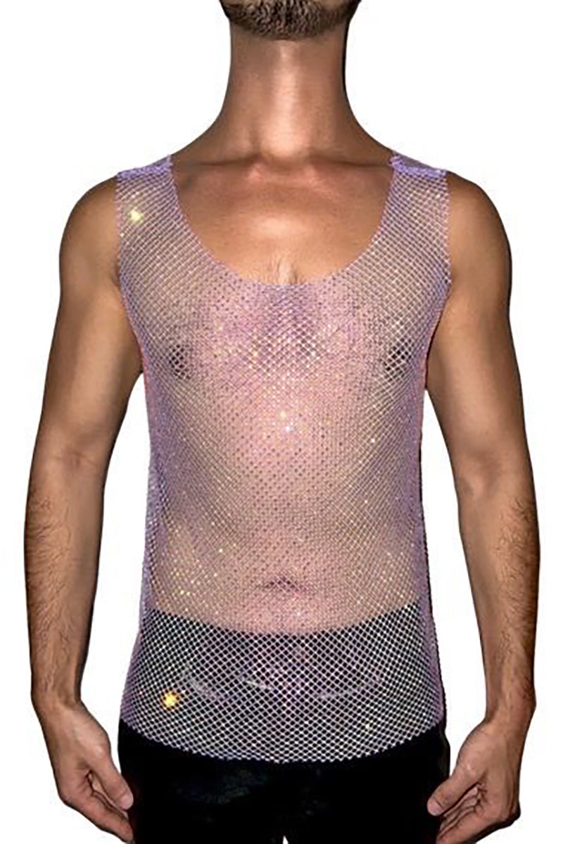 Mesh Premium Rhinestone Raw Cut Tank Top - Black