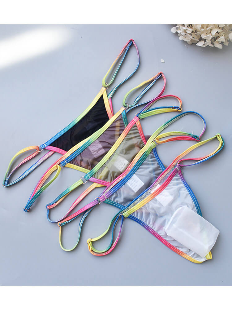 Men's Sexy Rainbow Trim Sheer Open Pouch Thong