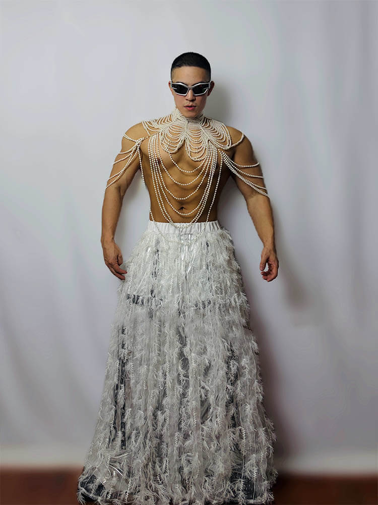 Men's Pearl Chain Feather Skirt Performance Costume Set