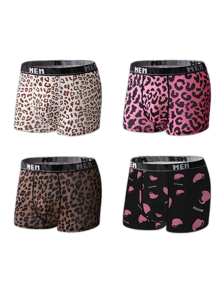 4-Pack Men's Leopard Print Mid-Rise Breathable Trunks