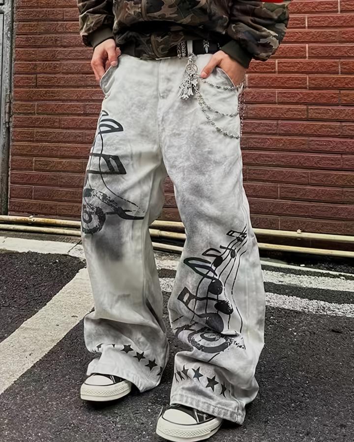 KIIKIO Y2K Music Note Star Wide-Leg Jeans