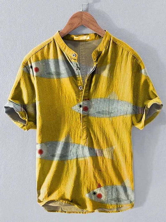 Casual Yellow Fish Art Print Short-Sleeved Shirt