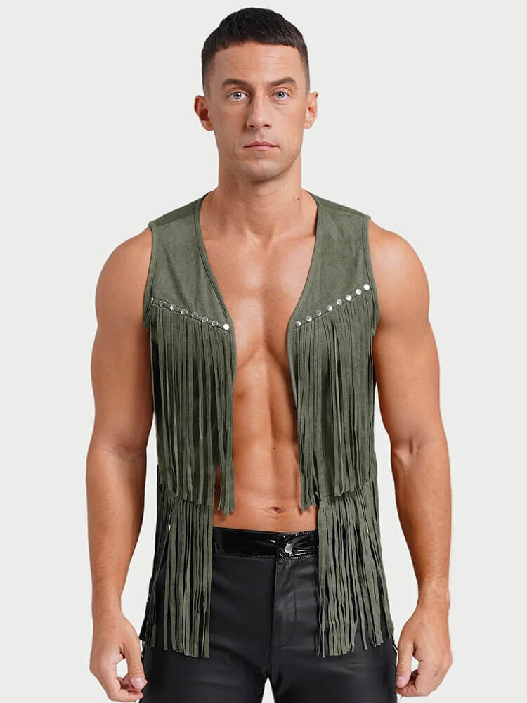Men's V-Neck Studded Fringe Vest Jacket