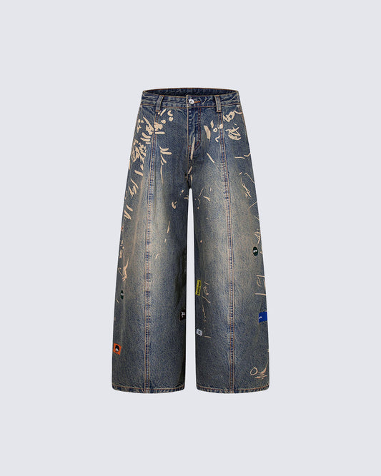 Vintage Graffiti Print Wide Leg Denim Pants New