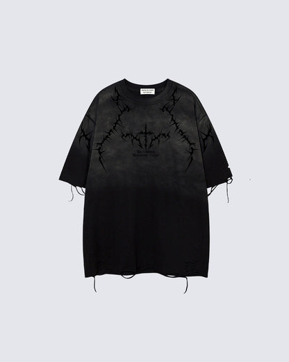 American-Style Distressed Washed Thorn Print Short-Sleeved T-Shirt