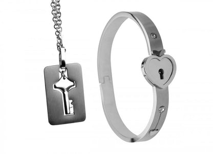 Grey Cuffed Locking Bracelet and Key Necklace