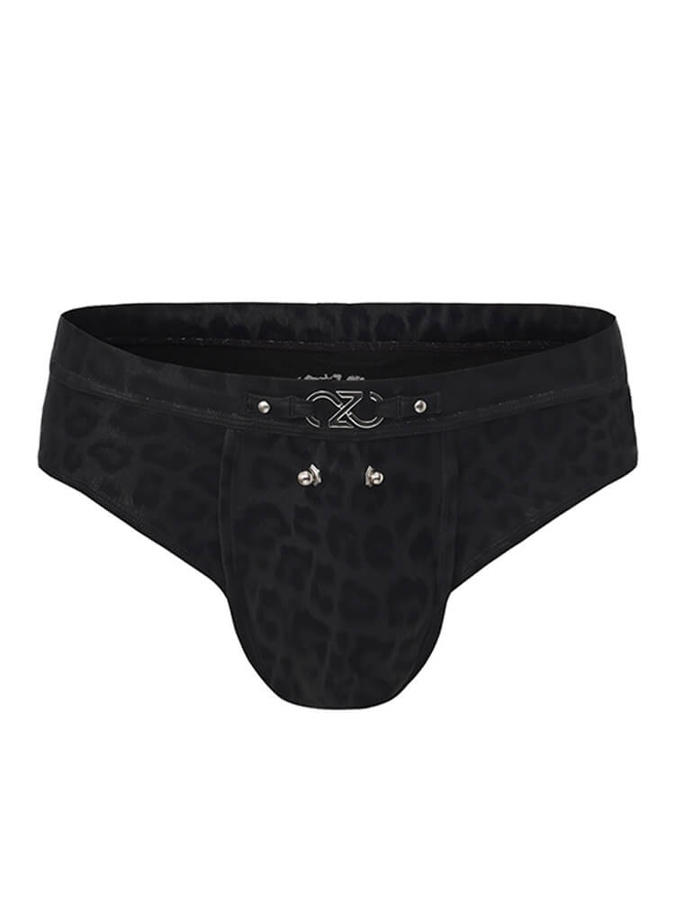 Men's Leopard Print Leather Metal Accessory Briefs