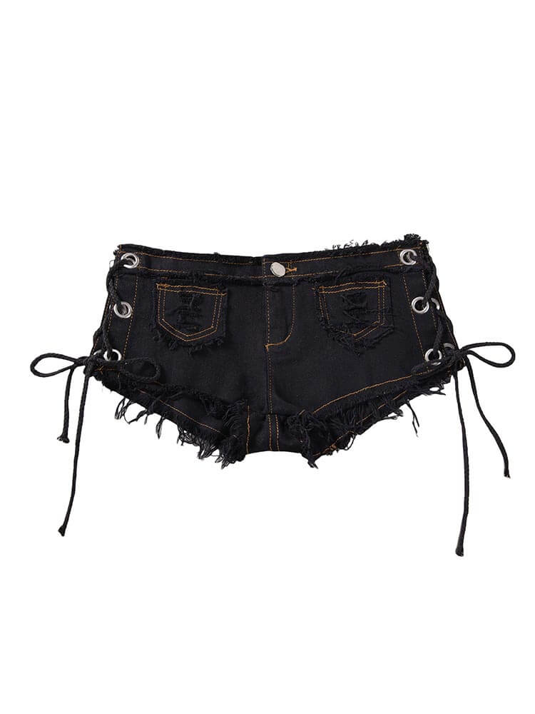 Sexy Side-Slit Tie-Up Low-Rise Frayed Hem Shorts