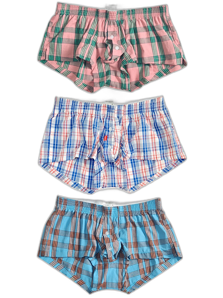 3 Pack Men’s Plaid Cotton Trunks with Button Fly