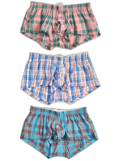 3 Pack Men’s Plaid Cotton Trunks with Button Fly