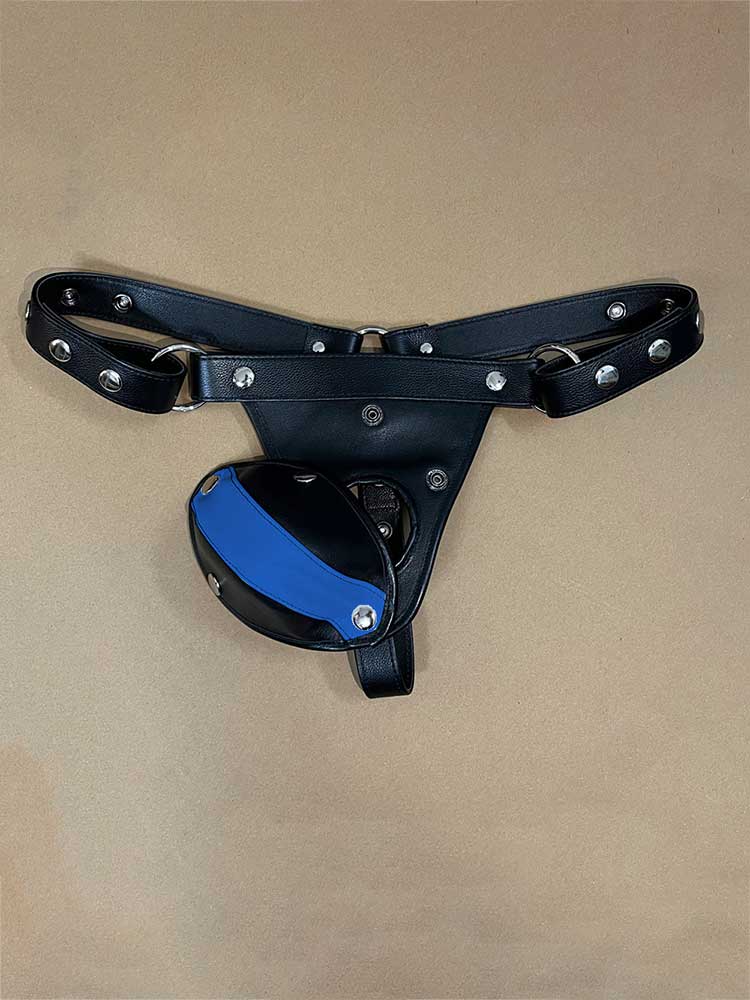 Men's Blue Color-Blocked Detachable Genuine Leather Thong
