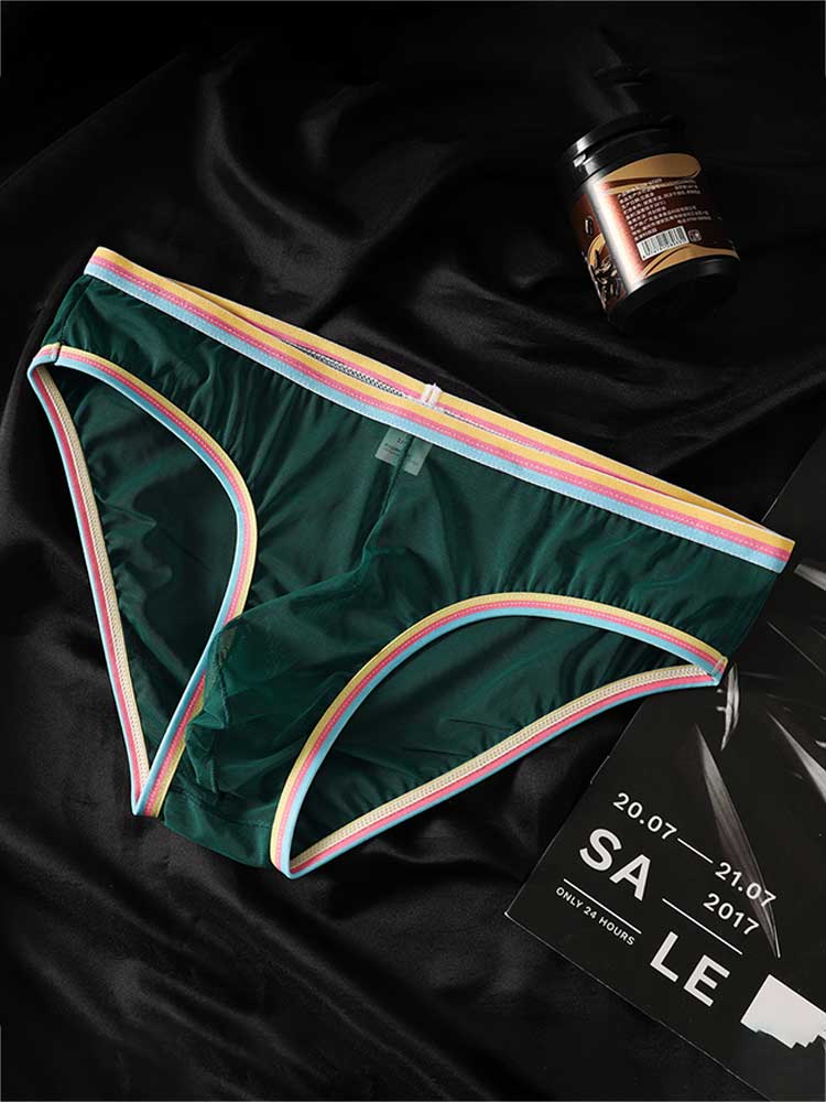 Men's Colorful Striped Belt Sexy Sheer Mesh Briefs