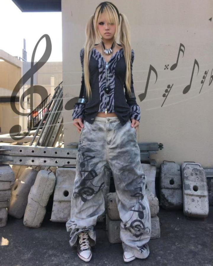 KIIKIO Y2K Music Note Star Wide-Leg Jeans