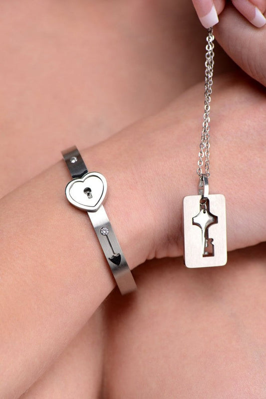 Grey Cuffed Locking Bracelet and Key Necklace