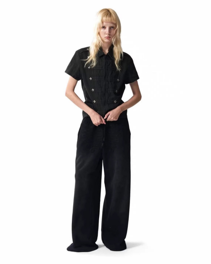 KIIKIO Retro Rhinestone Lapel Zipper Tee