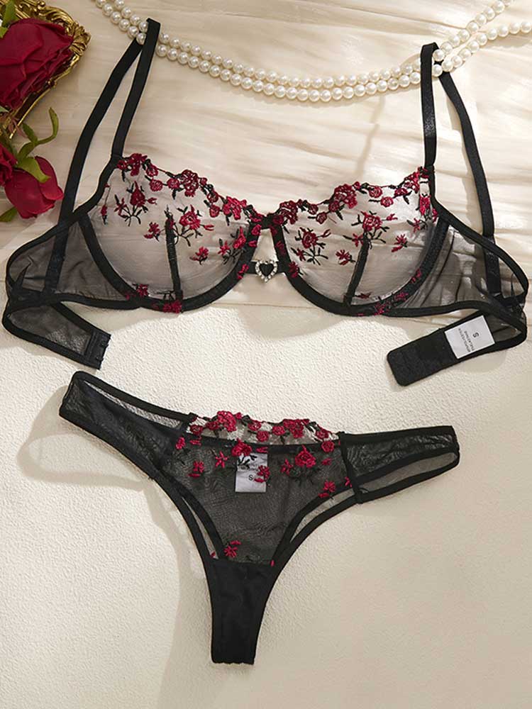 Men's Sexy Floral See-Through Mesh Bra Briefs Set