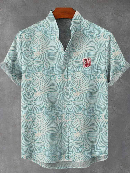 Casual Japanese Ukiyo-e Waves Art Print Cotton Shirt