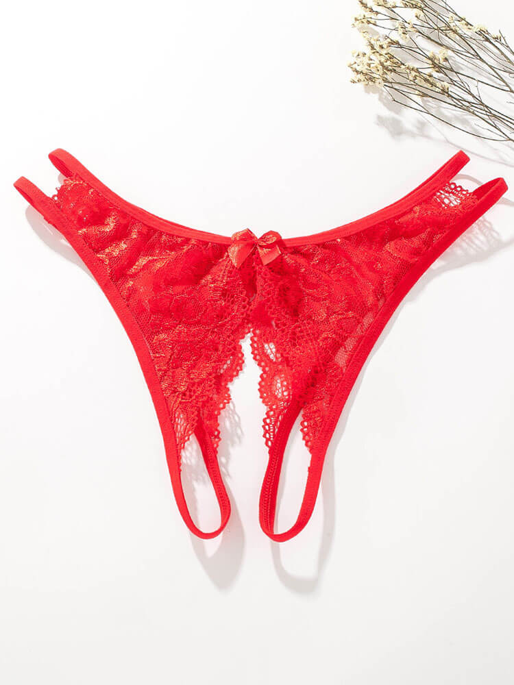 Sexy See-Through Bow Lace Open-Crotch Thong