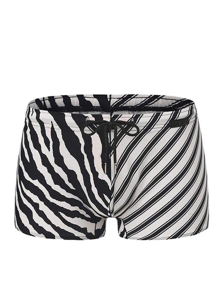 Men's Zebra Black and White Striped Drawstring Swim Trunks