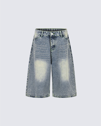 High Street New Rhinestone Washed Wide Denim Shorts