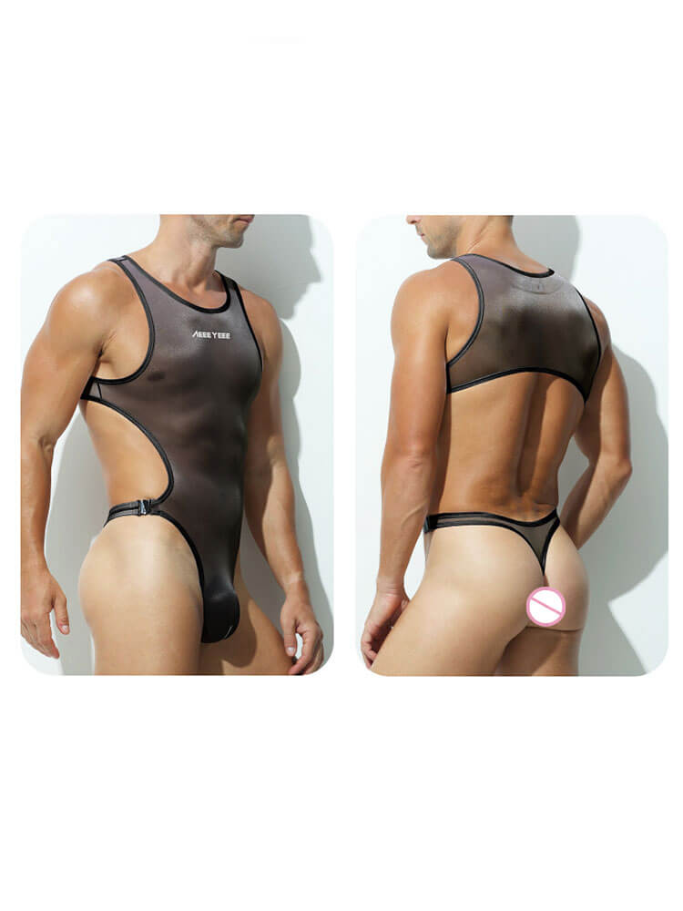 Men's Sheer Skinny Sleeveless Thong Bodysuit