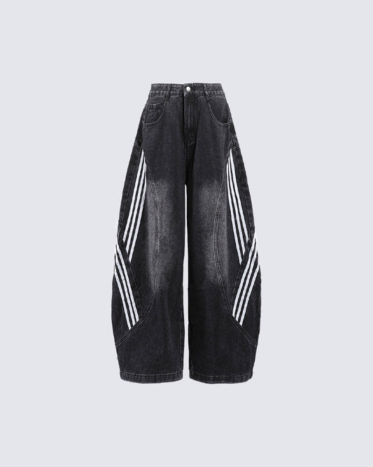 Washed Side Stripe Panel Denim Pants