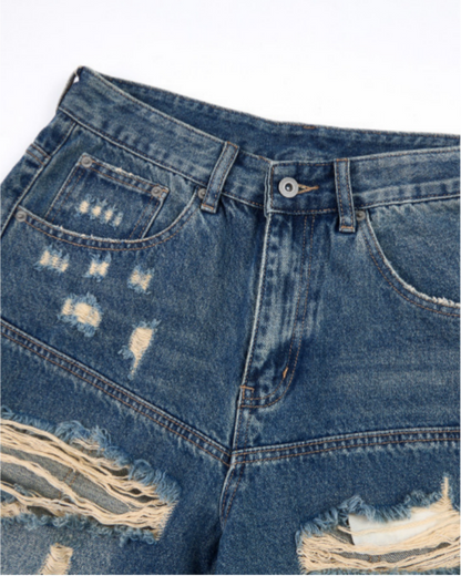Distressed Patchwork Denim Shorts