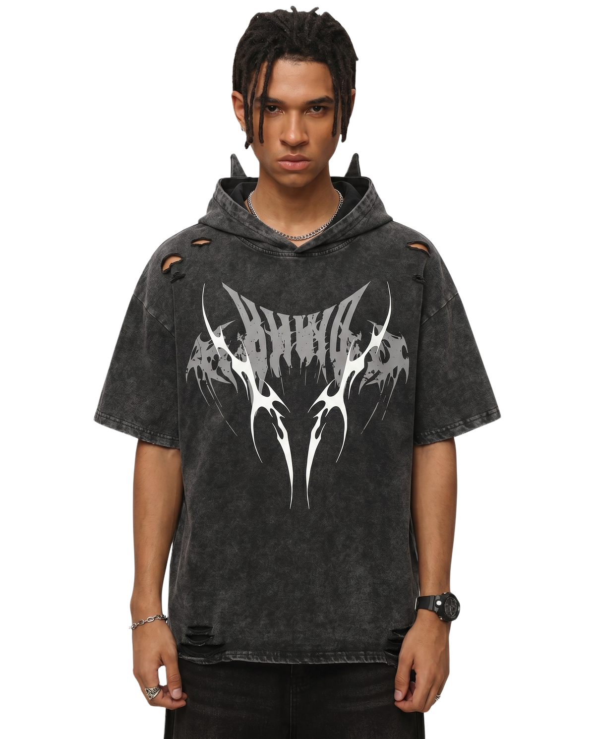 Distressed Urban Graphic Hoodie With Bat Ears