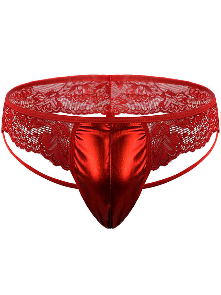 Men's Sexy Leather Hollow Lace Solid Color Thong