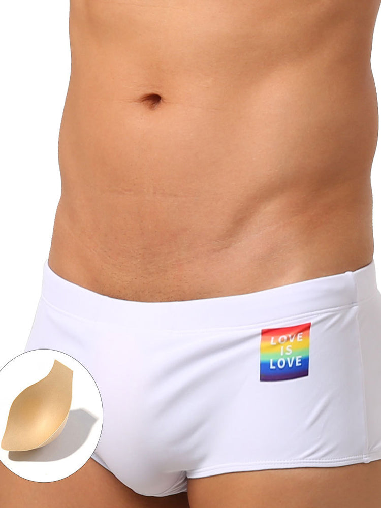 Rainbow Slogan Fashion With Cups Swim Trunks