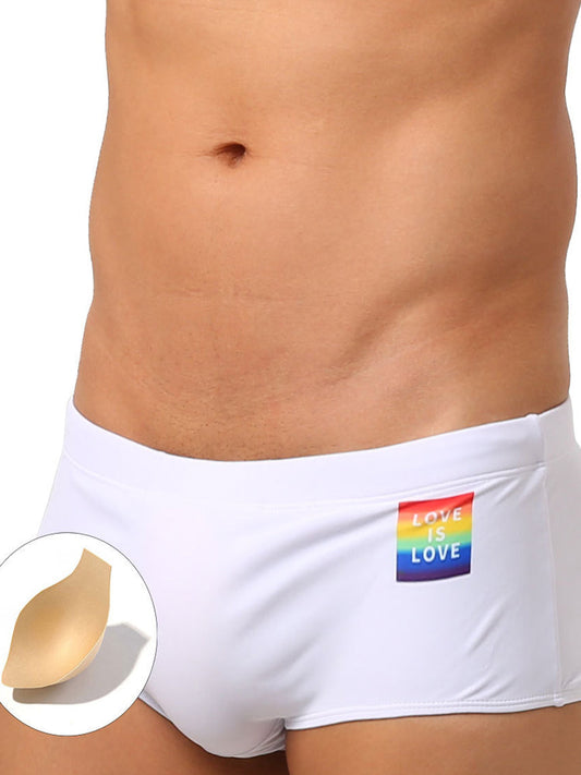 Rainbow Slogan Fashion With Cups Swim Trunks
