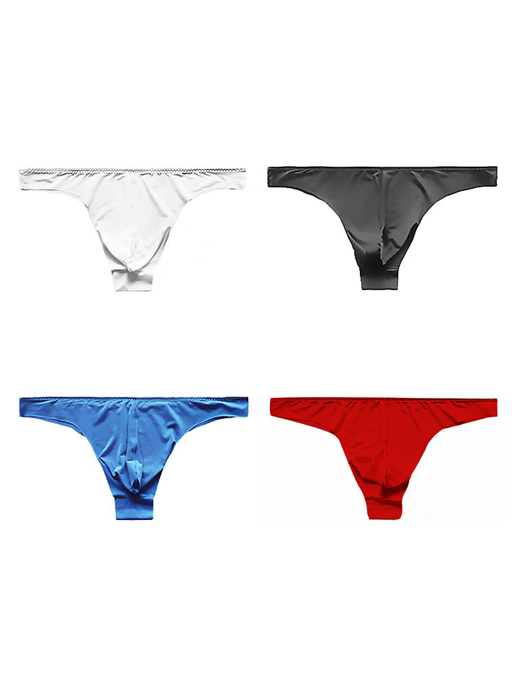 4 Pack Men's Seamless Ice Silk Sports Sexy Solid Color Thong & Strings