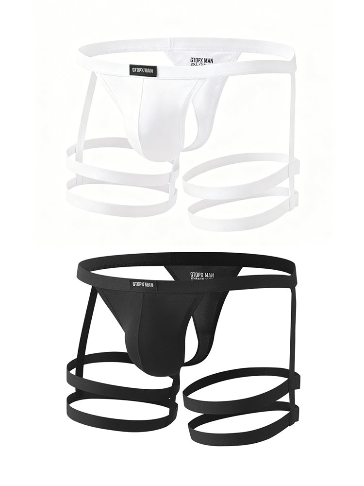 2 Pack Men's Low-Rise Sexy Thong with U-Pouch and Fixed Thigh Straps