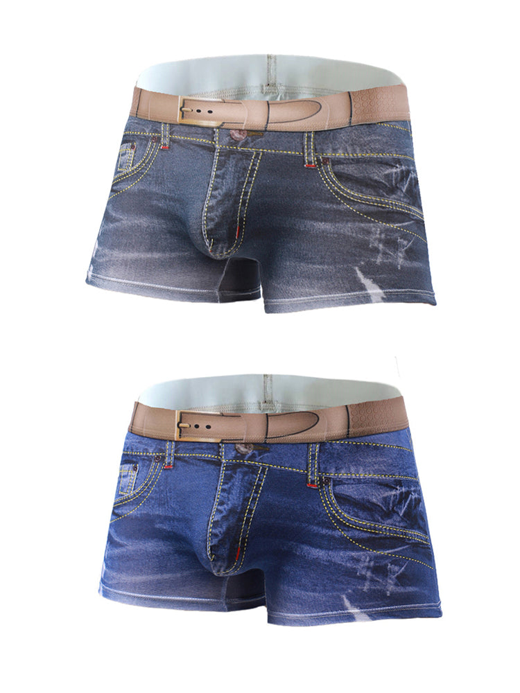2 Pack Men's Denim Printed Cotton Boxer Briefs