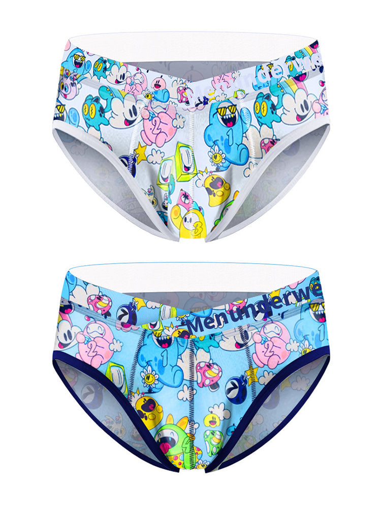 2 Pack Men's Playful Cartoon No-Tag Comfortable and Breathable Briefs