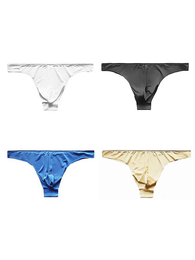 4 Pack Men's Seamless Ice Silk Sports Sexy Solid Color Thong & Strings