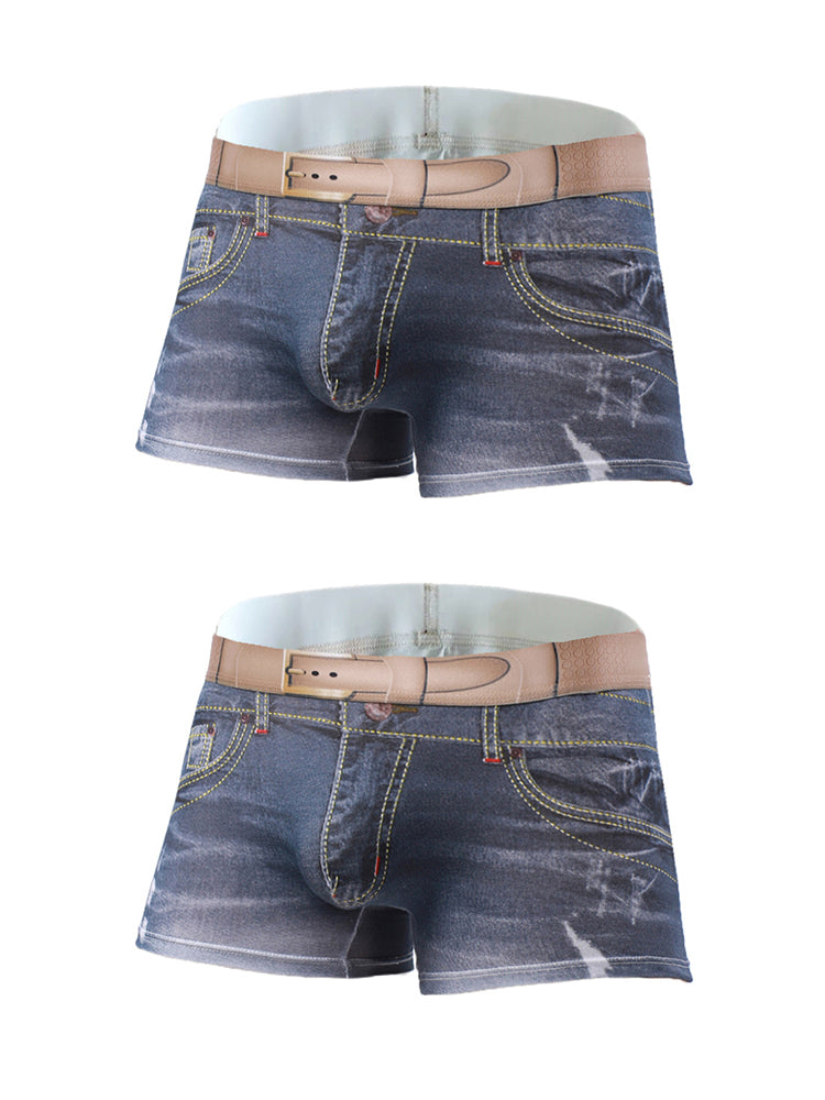 2 Pack Men's Denim Printed Cotton Boxer Briefs