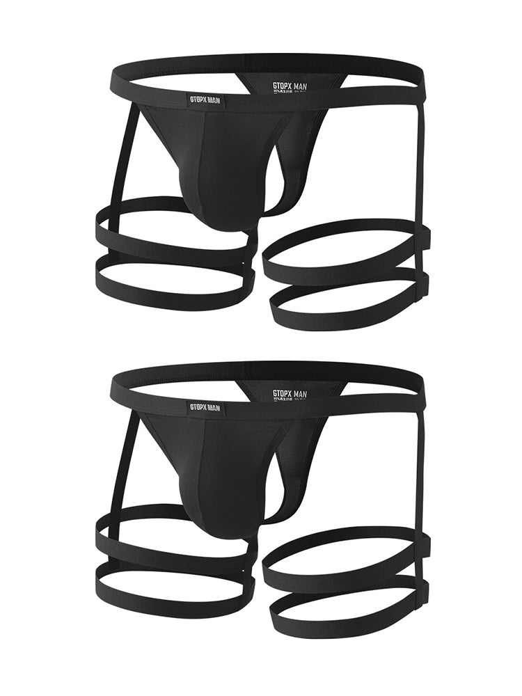 2 Pack Men's Low-Rise Sexy Thong with U-Pouch and Fixed Thigh Straps