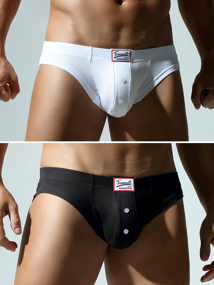 2 Pack Men's Ribbed Briefs with Decorative Button and Contour U-Pouch